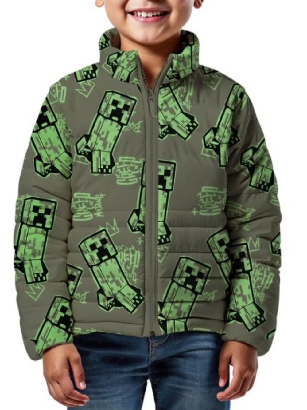 NEW Minecraft Boys Creeper Zip Puffer Jacket Lightweight Size 14 Zippered Size:
